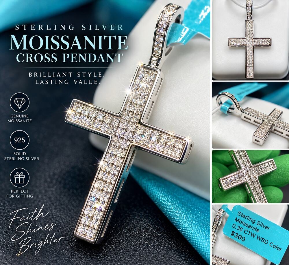 NWT Moissanite Cross Pendant 0.36 CTW Sterling Silver Pavé Iced Out Large